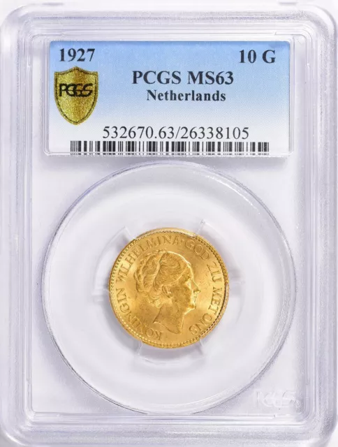 Netherlands ~ 1927 ~ 10 Gold Gulden ~ AGW = 0.1947 oz ~ PCGS ~ MS 63 ~ $598.88