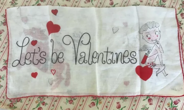 Vtg Mid Century Welcher Signed Valentines Day Heart Handkerchief Hankie cupid