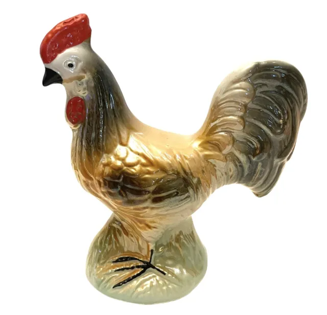 VTG Iridescent Lusterware Rooster Hen Handpainted Ceramic Figurine Decor Brazil