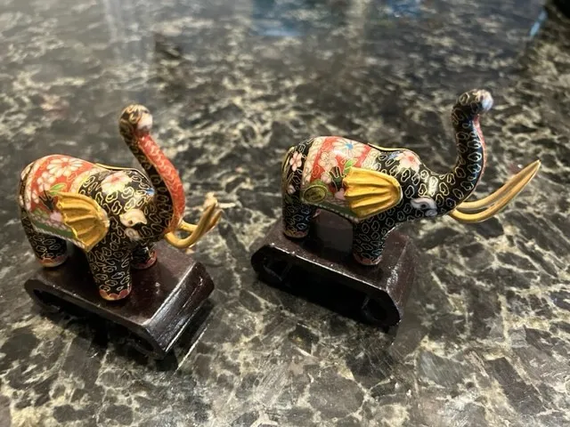 Set of 2 Vintage Chinese Cloisonne hand painted Elephant statues with stands