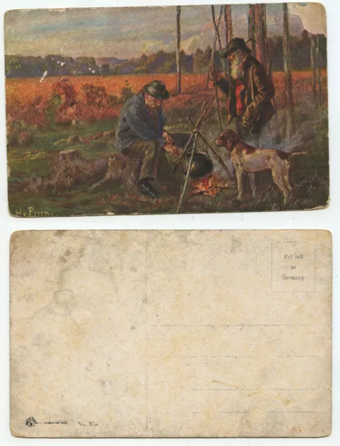 14777 - H. v. Preen - farmers with dog by the campfire - old postcard