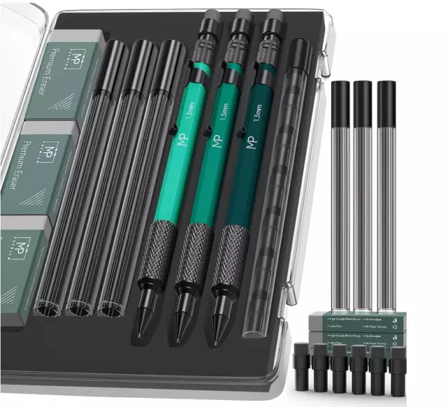 Metal Mechanical Pencils Set with Lead and Eraser Refills, 3 Pack, 1.3 Mm Mech