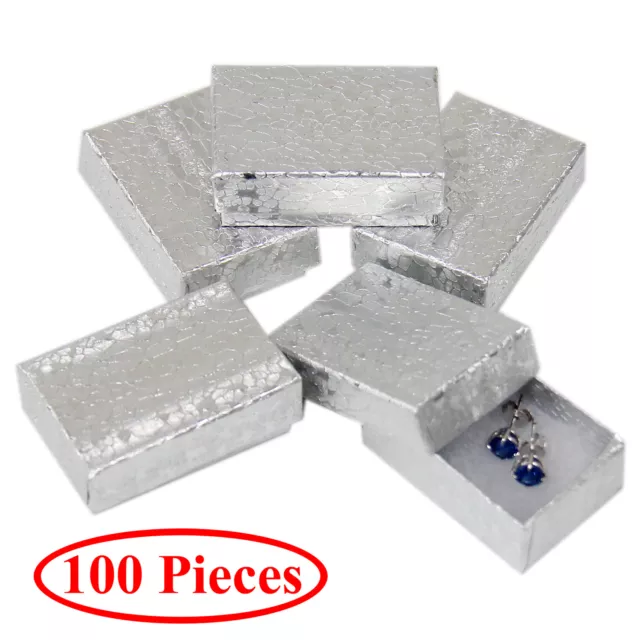 Cotton Filled Gift Box Fancy Silver Foil Jewelry Boxes Cardboard Display 100 Pcs