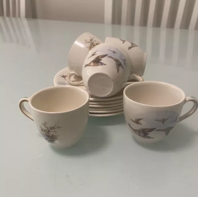 5 x Alfred Meakin Teacups & 6 Saucers duck / Mallard theme England 45-50’s