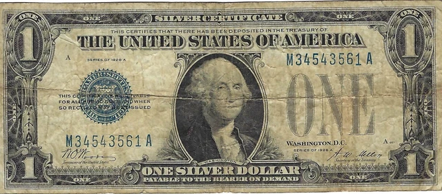 1928-A $1 Silver Certificate Funny Back Note, Blue Seal, Circulated