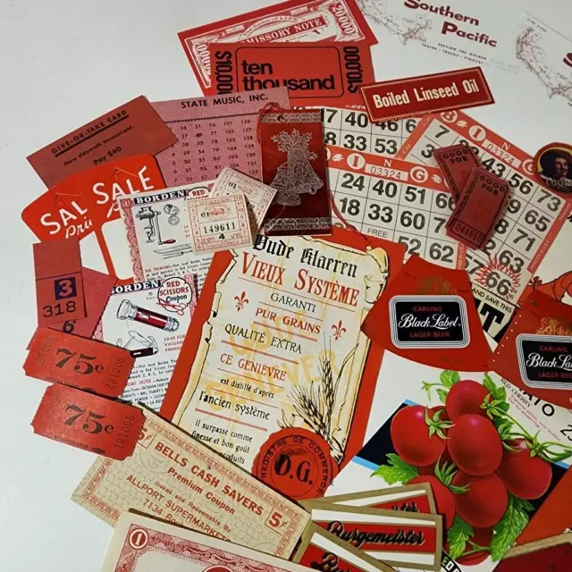 50 red pieces vintage ephemera paper pack variety lot tickets stamps labels Q 2