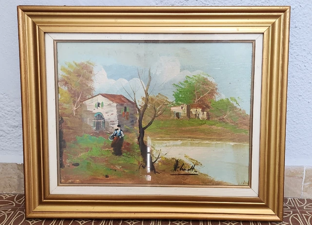 Quadro Dipinto Olio Su Tela Paesaggio Con Cornice In Vetro Vintage