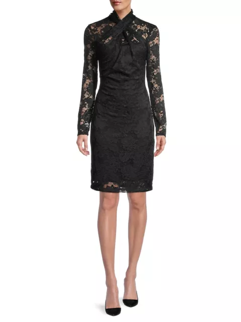 Elie Tahari Womens Dress Size 6 Black Lace Twist Mock Neck Long Sleeve Cocktail