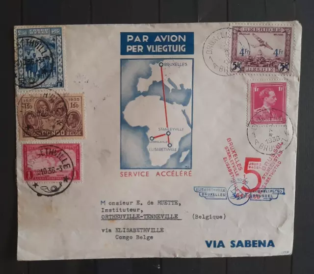 Congo Belge Lettre 1936 1ère Liaison Vol Service accéléré Stanleystad Bruxelles