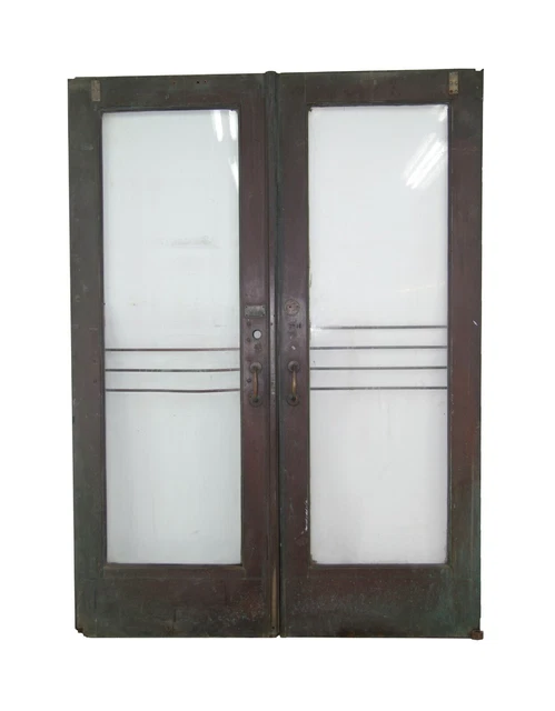 Antique 1 Lite Bronze & Glass Bank Double Doors 95 x 69