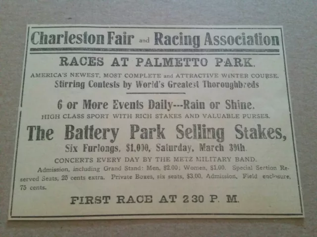 1912 Charleston Fair & Racing Association Ad Battery Park Selling Stakes Horse