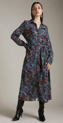 NWT Karen Millen Paisley Print woven long sleeve shirt dress midi size 8 belted