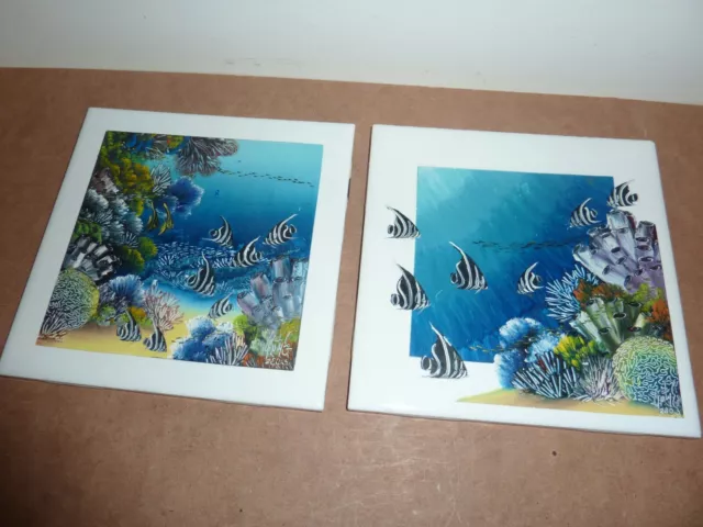 Pair Of 15.3Cm Square Mexico Tiles -Handpainted Black & White Fish &Coral Design