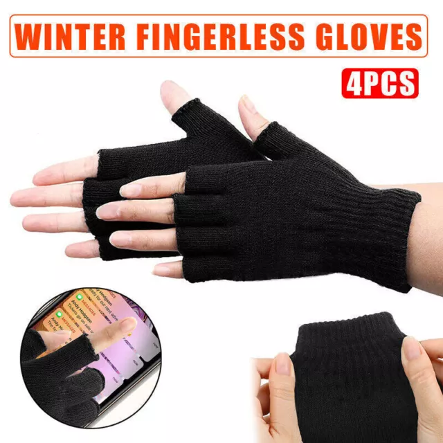 2x Winter Fingerless Gloves Open Finger Black Soft Warm Knitted Glove Unisex AU