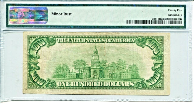 1928-A $100 Federal Reserve Note New York Light Green Seal PMG VF25 #B02060656A 2