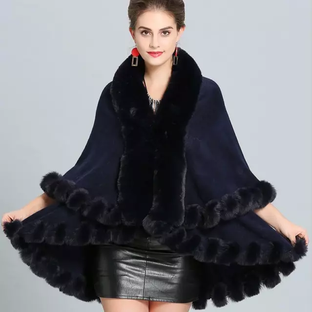 Womens Winter Warm Faux Fox Fur Collar Cape Poncho Stole Shawl Jacket Party Chic 3