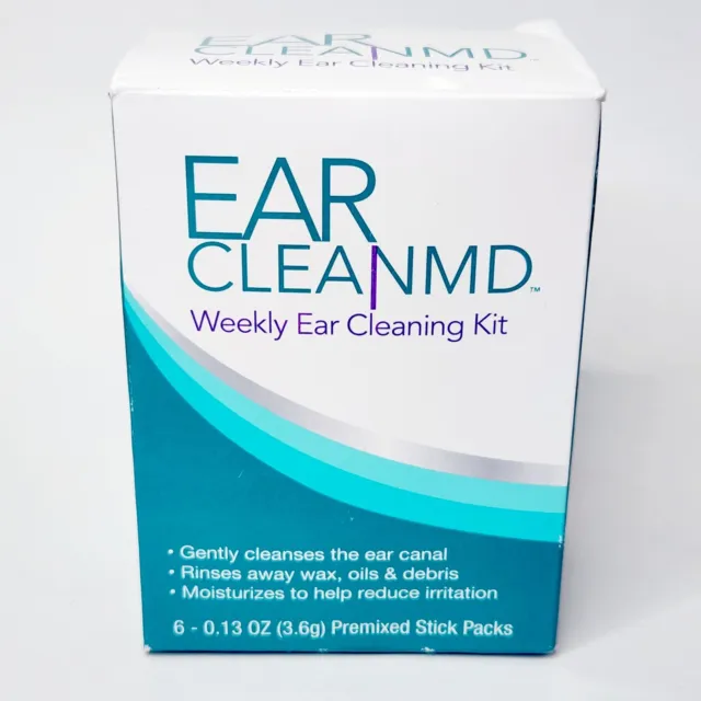 Kit de limpieza semanal de oídos Ear Clean MD con 6 palos premezclados y bombilla de enjuague