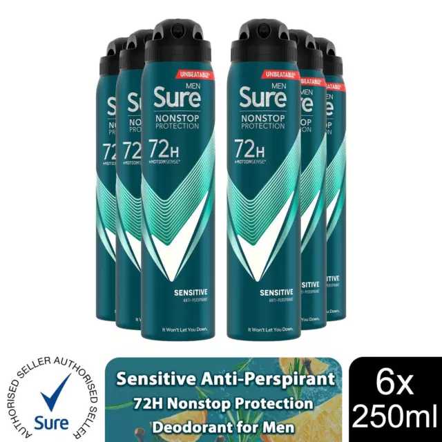 Sure Men Anti-Perspirant 72H Nonstop Protection Sensitive Deodorant, 6x250ml