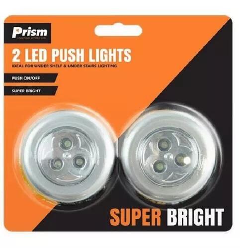 2x LED ROUND LIGHTS STICK N CLICK SELF ADHESIVE BATTERY OPERATED PUSH UK