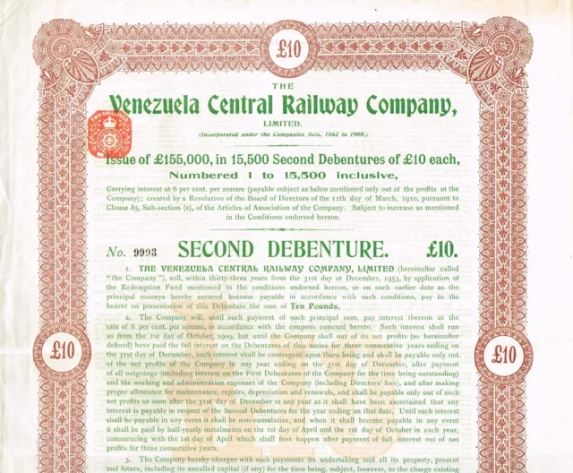 VENEZUELA CENTRAL RAILWAY COMPANY stock certificate/ bond