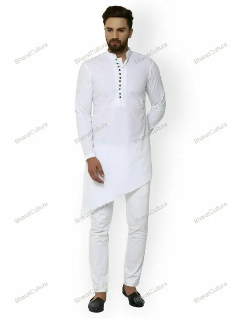 Mens Kurta Cotton Long Kurta White Top Tonic Indian Traditional Party Dress Kurt