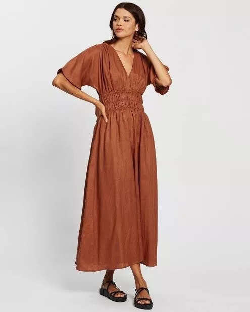 Aere Linen Shirred V-Neck Short Sleeve Maxi Dress Size 8 XS