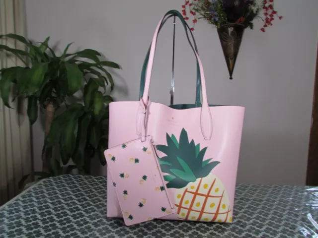 NWT Kate Spade Colada Large Pineapple Reversible Pouch Tote Green/Pink Multi