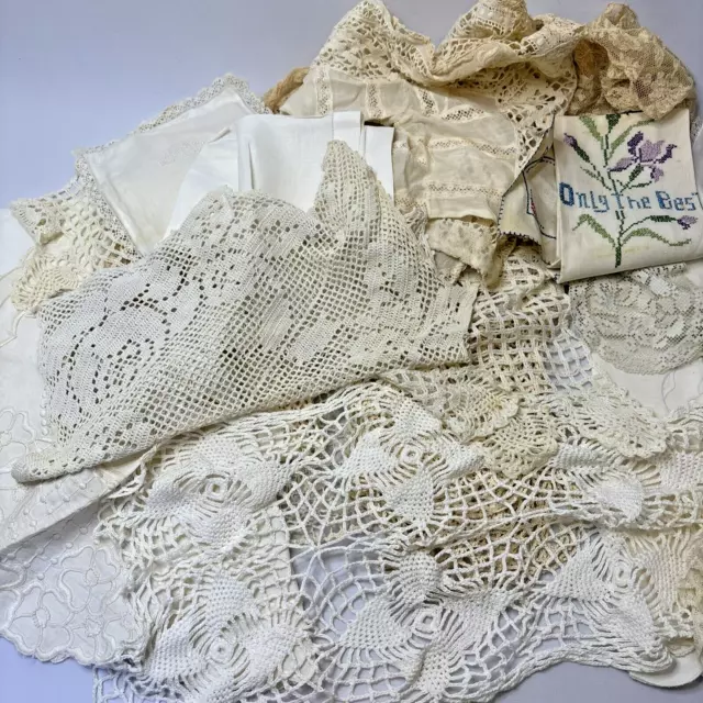 Vintage Linen Crochet Textiles Doilies Lace Projects Lot Embroidery READ Stains