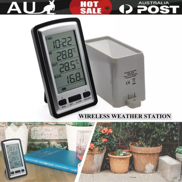 Wireless Weather Station Thermometer LCD Digital Alarm Clock Rain Gauge Meter