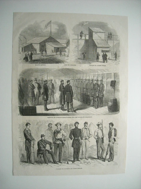 Gravure 1861. Guerre De Secession. Les Federes. Camp De L'illinois. Volontaires