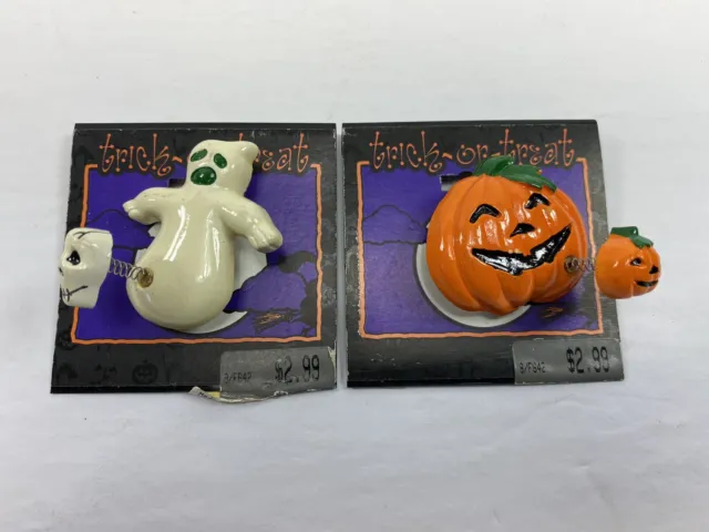 Vintage Halloween Trick or Treat Pumpkin Ghost Skull Brooch Lapel Pins Lot of 2