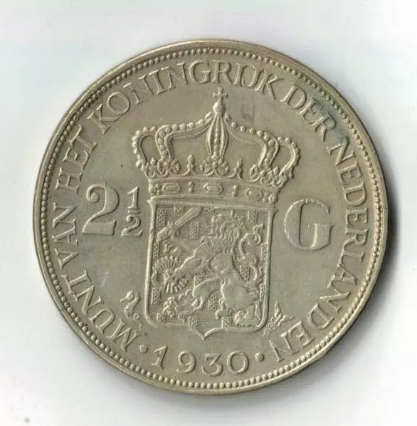 1930 Netherlands 2 1/2 Gilder Cuhaj KM 165, 0.720 silver coin 25 gr