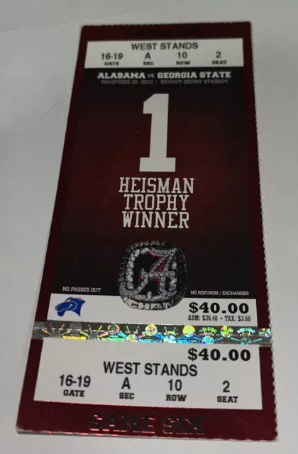 Alabama Football Vs Georgia State game Day ticket Stub. 2010.