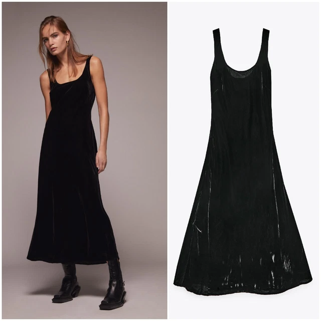 ZARA BLACK VELVET Sleeveless A-Line Long Dress Size M, EXC £27.50