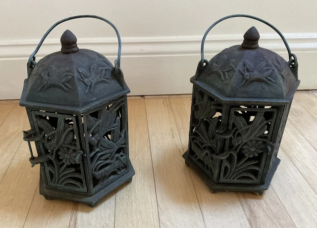 *Rare* Two Japanese Old “Grasshopper On Flowers” Iron Pagoda Lanterns