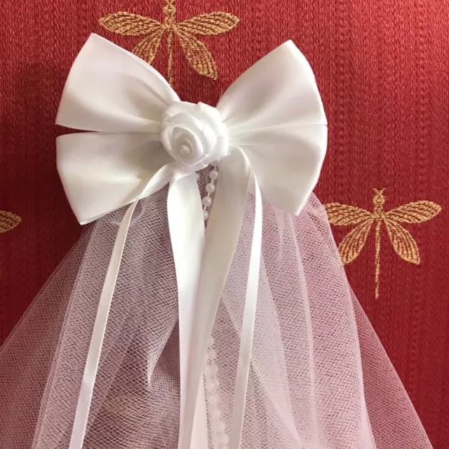 First Communion/Flower Girl  White Satin Bow with Ribbon Rose w/Sewn Edge Veil