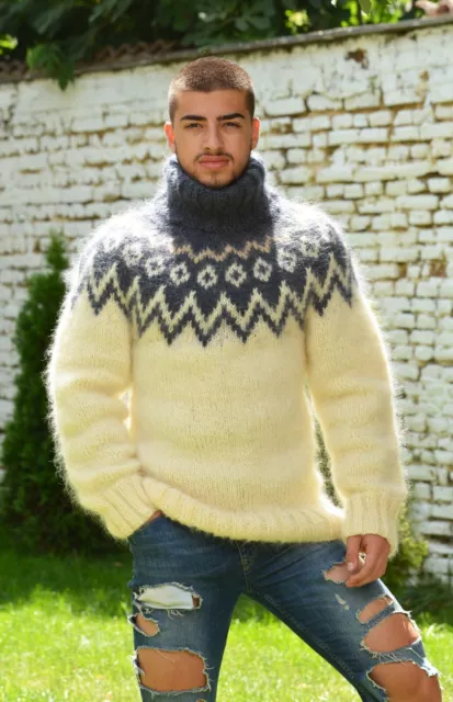 Icelandic Hand Knitted Mohair Sweater, Nordic Jumper, Turtleneck White Pullover