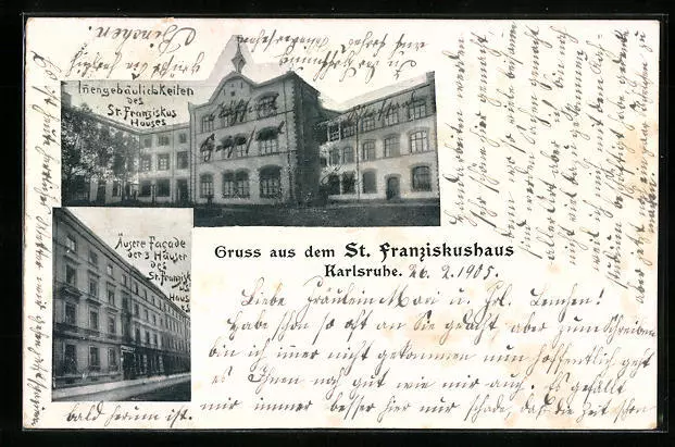 Karlsruhe, St. Franziskushaus, Hof- und Strassenseitig, Ansichtskarte 1905