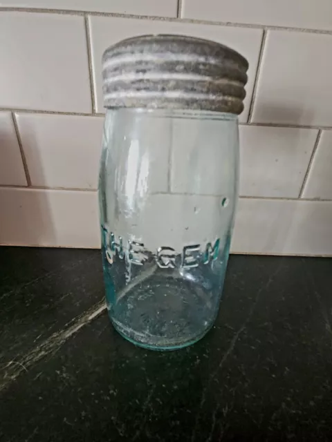 Antique The Gem Blue Mason Fruit Jar w/ Glass Lid Quart Size