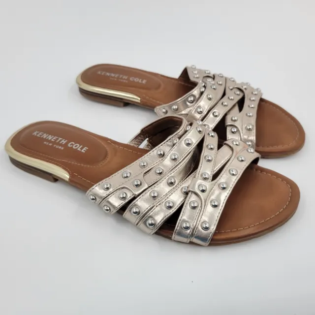 Womens Kenneth Cole Lyzelle Sandals Size 7 Faux Leather Studded Flats Chrome