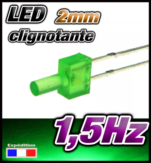 329V# LED 2mm clignotante Vert diffusant dispo 10, 25, ou 100pcs
