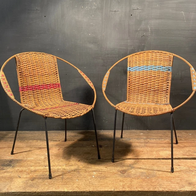 Pair of rattan and iron garden chairs for children - mid-century Italy 1950s