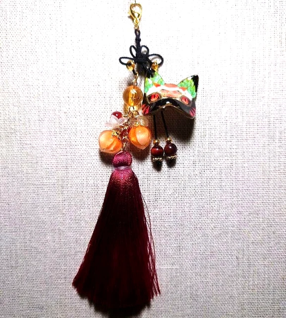 Japanese Shinto Fox KITSUNE Keychain Netsuke Fox Mask Black Dragon KN-67 Japan