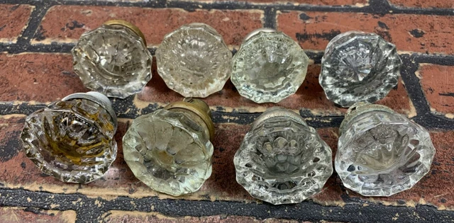 Vintage Clear Crystal Glass And Brass 12 Point Door Knobs lot of 8   ( 2 Inch )
