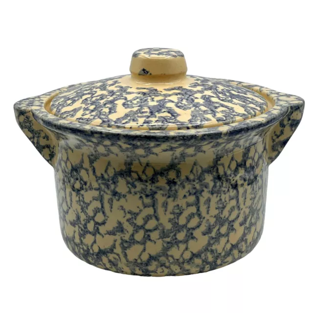 Roseville Blue Spongeware Crock + Lid Robinson Ransbottom Pottery USA Vintage