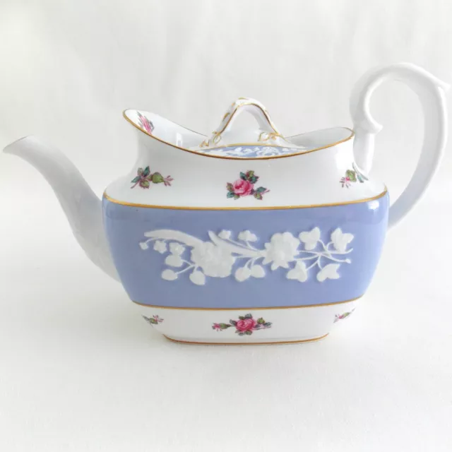 Spode Maritime Rose Teapot  Blue And White Embossed White Flowers Gold Gorgeous!
