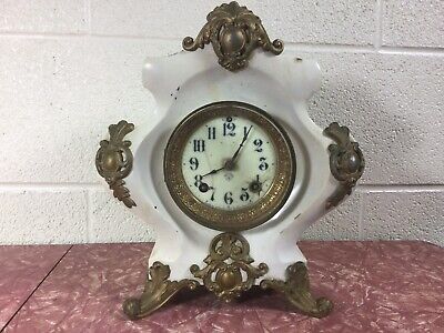 Antique Ansonia White Cast Iron Mantel Shelf Bedroom Clock Porcelain Dial