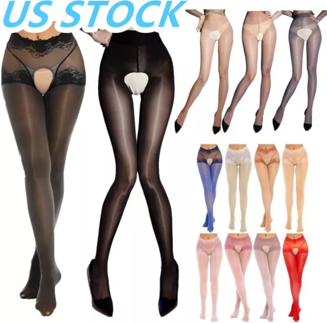 US Womens Glossy Semi Sheer Pantyhose Crotchless Footed Stockings Tights Hosiery