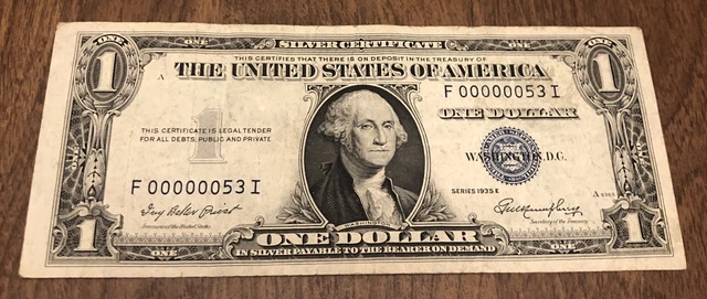 1935 E $1 Silver Certificate Blue Seal One Dollar Note Low Serial #00000053 I