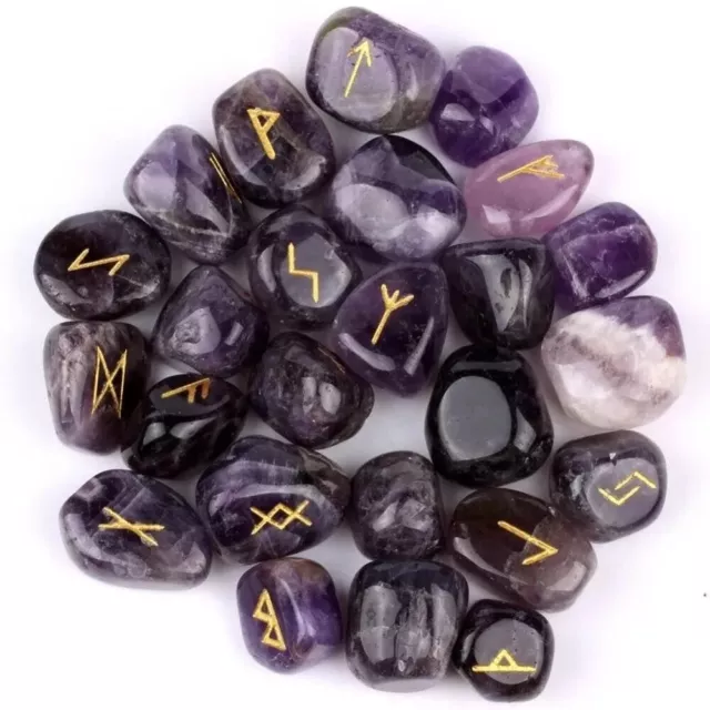 Amethyst Rune Crystal Stones Set Elder futhark Reiki Healing gemstone 25 Pcs